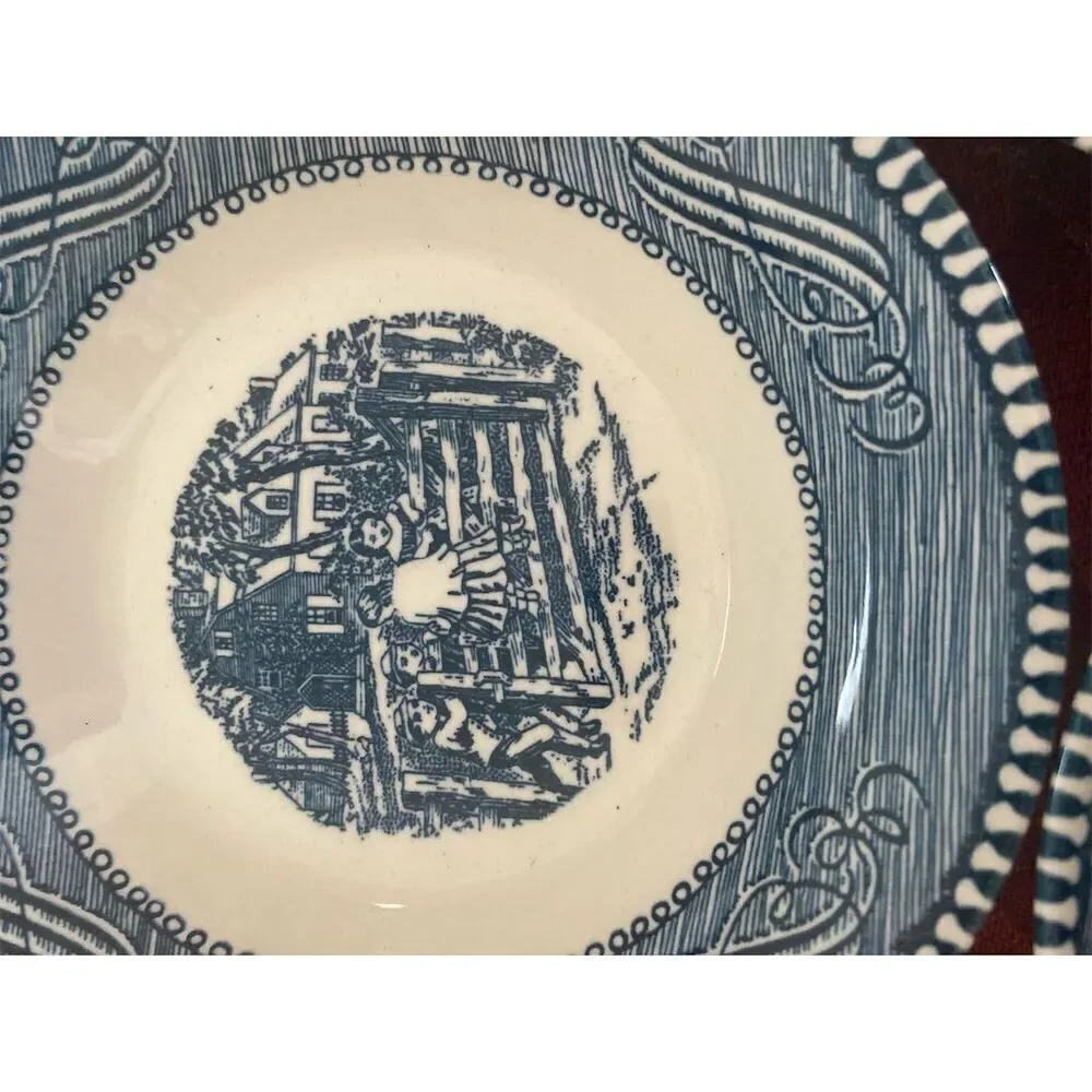 Vintage Currier & Ives Blue Dessert Bowls Set of 3 Old Farm Gate Pattern